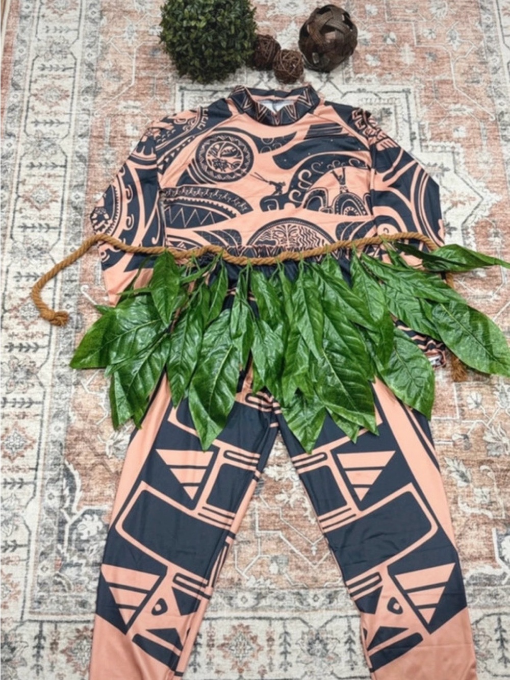 Kids Polynesian-Inspired Leaf Skirt Costume Set - Pink & Black